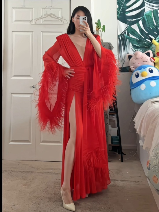 Bronx and Banco Dresses & Skirts - Bronx & Banco Geisha Ostrich Feather Trimmed Plunge High Slit Wrap Gown M NWOT